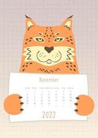 Calendario de noviembre de 2022, lindo animal de gato puma lynx sosteniendo una hoja de calendario mensual, estilo infantil dibujado a mano vector