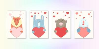 animal de dibujos animados lindo tiene un cartel de corazón con espacio de copia. Establecer folleto de volante de invitación de banner de tarjeta de felicitación de San Valentín. estilo dibujado a mano de dibujos animados. animalitos mascotas enamoradas, declaración de amor vector