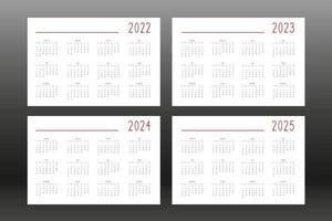 Calendario 2022 2023 2024 2025 para cuaderno diario de planificador personal, lindo estilo minimalista. calendario de programación individual para cuadernos. la semana comienza el domingo vector
