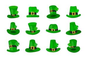 Saint Patrick Day leprechaun green hat set with shamrock clover four leaf lucky icon flat style design vector illustration isolated on white background.