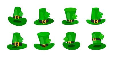 Saint Patrick Day leprechaun green hat set with shamrock clover four leaf lucky icon flat style design vector illustration isolated on white background.