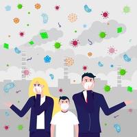 Woman, man and boy in masks, bacterias and viruses fly because infection transmitted by air. Mask as protection against bacterias and viruses concept flat style vector illustration with factory behind