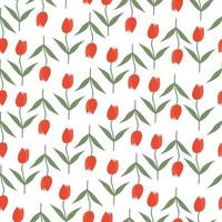 Ilustración de vector de patrón de diseño plano transparente floral tulipán dibujado a mano. Flores de tulipán rojo a principios de primavera y verano.