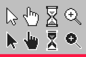 Black and white arrow, hand, magnifierand hourglass pixel mouse cursor icons vector illustration set