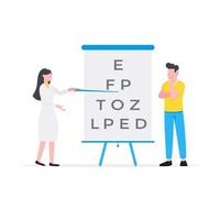 Healthcare medical science concept with tiny people doctors and flip chart with eye exam letters vector illustration isolated on white background. Suitable for banners, web sites, cards.