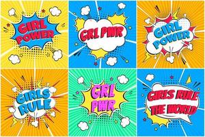 6 Comic Lettering GRL PWR, GIRL POWER, GIRLS RULE Set In The Speech Bubbles Comic Style Flat Design. Exclamation Concept Of Comic Book Style Pop Art Voice Phrase Isolated On rays Background. vector