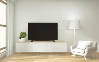 simulacro de mueble de televisión y pantalla con diseño minimalista y decoración de estilo japonés.Representación 3D foto