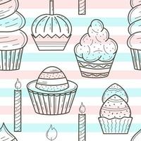 Seamless pattern handmade sketch pastries on a striped background vector