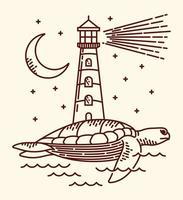 Turtle lighthouse line illustration. hand drawn