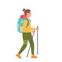 Happy girl with hiking backpack and Nordic walking sticks, vector illustration in flat style