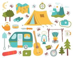 Hiking bundle set. Tent, trailer, campfire, compass. Vector illustration in flat style