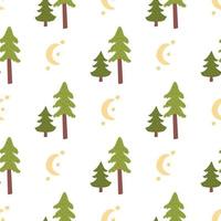 Spruce and moon with stars, vector seamless pattern in flat style