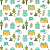 Hiking backpack with map, camera and thermos in the forest, vector seamless pattern in flat style