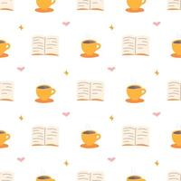 Cup of coffee or tea with an open book, vector seamless pattern