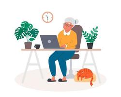 abuela feliz con laptop se comunica con su familia en casa, mira videos, estudia cursos en línea o hace compras. ilustración vectorial en estilo plano vector