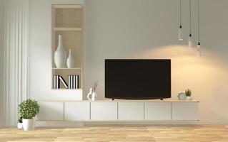 simulacro de mueble de televisión en zen, habitación vacía moderna, diseños minimalistas japoneses, representación 3d foto