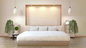 maqueta de dormitorio de estilo japonés con cama, mesa baja, gabinete y estantería de pared, diseño de luces hacia abajo. Representación 3D foto