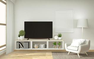 estante de tv en la moderna habitación vacía zen, simulacro de diseño minimalista, representación 3d foto