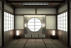 Diseño de interiores de sala de estar con gabinete en diseño de pared de estantería y decoración de estilo japonés. foto