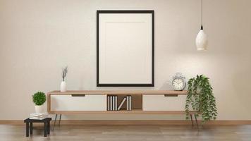 Modern zen interior of japanese living room with wooden cabinet and mock up poster 3d rendering photo