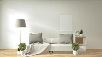 Interior moderno de la sala de estar con sofá y sala de plantas verdes de diseño minimalista japonés. Representación 3d foto