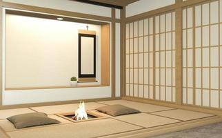 Nihon room design interior with door paper and cabinet shelf wall on tatami mat floor room japanese style. 3D rendering photo