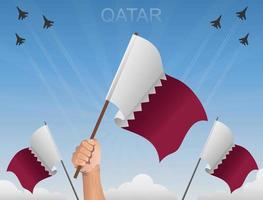 banderas de qatar volando bajo el cielo azul vector