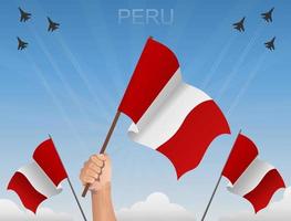 banderas de perú ondeando bajo el cielo azul vector