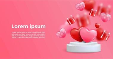 Pink Background with 3D Realistic Heart Elements on The Podium. Romance Background Template. Vector Illustration Editable for your Project, Wallpaper, Banner, Poster,  Flyer, or Greeting Card. EPS