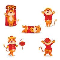 Set of red Chinese tigers in New Year's costumes with lanterns and dragons in cartoon style. Symbol 2022 vector