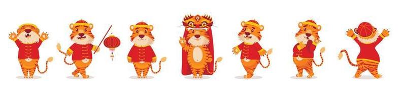 Set of red Chinese tigers in New Year's costumes with lanterns and dragons in cartoon style vector