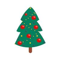 Christmas tree is decorated with balls and garlands. Vector illustration in flat cartoon style