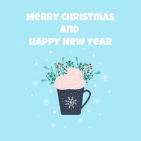 Merry Christmas and New Year greeting card. Vector illustration in flat style. Mug of cocoa and marshmallows
