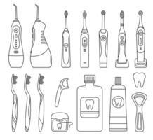 Vector outline set of dental cleaning tools and oral care hygiene products. Electric toothbrush and irrigator