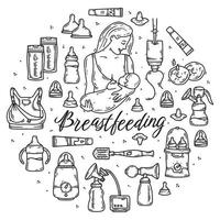 Breastfeeding and lactation of a woman with a baby, a set of vector doodle sketch icons. Devices for the nursing and nutrition with milk. Breast pump, bottle sterilizer and nipples.