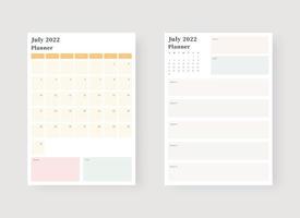 July 2022 planner template set. Set of planner and to do list. Monthly, weekly, daily planner template. Vector illustration.