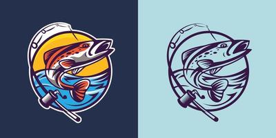 Salmon with spinning rod in different styles. Concept art of fishing. vector