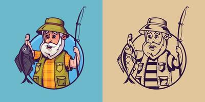 Fisherman with catch in different styles. Concept art of fishing. vector