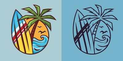 Surfboard with palm tree in different styles. vector