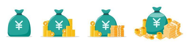 conjunto de iconos de bolsa de dinero de yenes japoneses vector