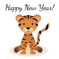 Cute little tiger as a symbol of chinese holiday. Greeting card. Illustration for kid. Happy New Year. 2022. Flat vector illustration