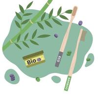 Organic tablets for brushing teeth and bio toothbrushes with bamboo. Zero waste, low waste concept on blue background. Ecological personal care products. Cartoon flat vector illustration