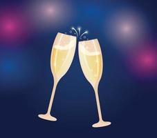 Beautiful champagne toast on a blue salute background. Cheers, two glasses. Vector illustration