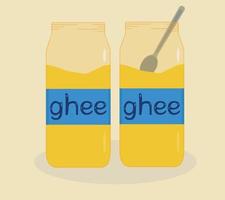 Jar of natural ghee butter, oil. Ghee with a spoon. Flat vector illustration