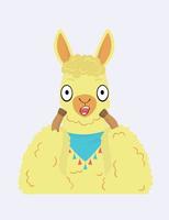 A unisex character. Cartoon fluffy scared or surprised llama with a bandage around its neck. Yellow-orange llama. Surprised face with open mouth. Llama with big eyes. Flat vector illustration