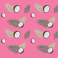 Bright tropical seamless pattern of coconut and palm tree leaves. Half of coco with leaf on a pink background. Flat vector illustration