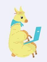 A unisex character. Cartoon fluffy llama with a bandage around its neck works hard on a laptop. Yellow-orange llama sitting with pencil in its hair. Llama with big eyes. Flat vector illustration