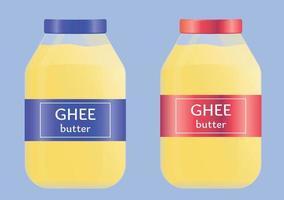 Glass jar with useful natural ghee butter, oil. Ayurvedic Indian food. Bright yellow ghee butter. Flat vector illustration