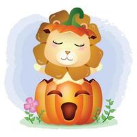 a cute lion in the halloween pumpkin vector