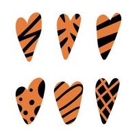 Set of hand drawn orange hearts with black stripes and dots. Modern tiger print. vector